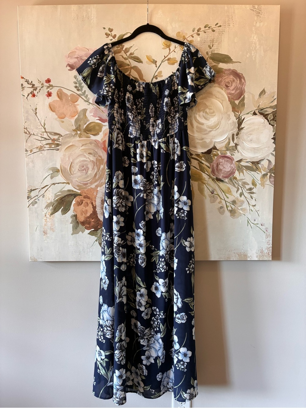 Altar'd State Navy Blue sky blue and White floral Smocked Maxi Dress